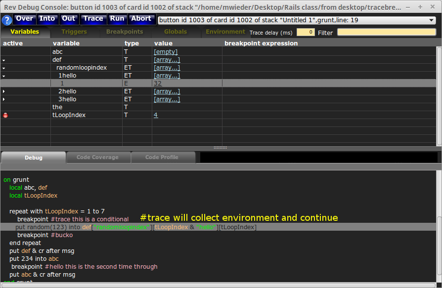 PowerDebug tracepoints window