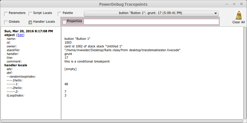 PowerDebug tracepoints window